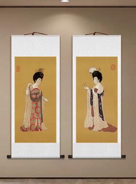 名家春阁倦读卷轴簪花仕女图挂画新中式客厅装饰画书房茶室玄关画
