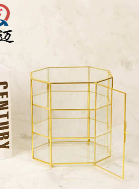 首饰镜铁艺收纳盒玻璃水玻璃金色果盘化妆，托盘多层防尘，