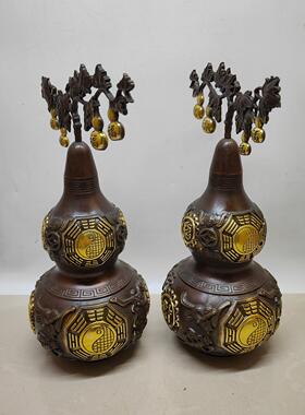 仿古鎏金铜葫芦一对 家居办公装饰摆件 古玩收藏礼品 工艺品
