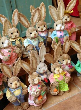 创意手工草编兔子情侣轻奢玄关柜阳台饭厅布置家居花盆装饰摆饰