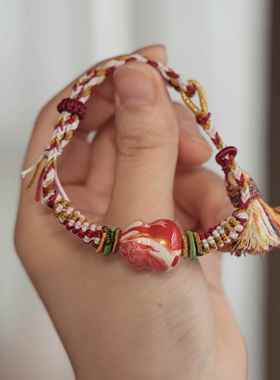 原创胭脂红镙钿大漆葫芦手绳手工编织手串文玩佛珠藏式百搭饰品