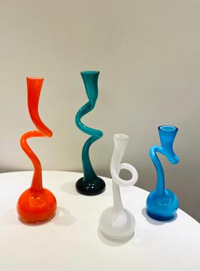 中古扭扭造型摆件花瓶复古造型异形设计感玻璃花器红黑白蓝色ins
