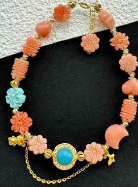 新品天然小花手链搭配绿松石花朵手串 精美珠链珠串18k金镶嵌配饰