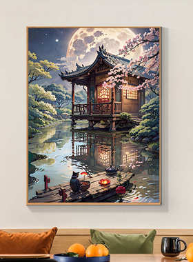 江南的夜古风建筑diy数字油画手绘画画填色中国风丙烯油彩装饰画