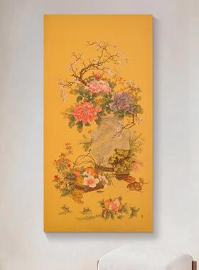 入户玄关花开富贵牡丹国风装饰画太湖石花卉中古书房新中式挂画