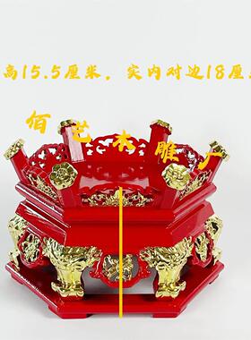 实木雕花供佛盘六边贡盘家居装饰拜斗供盘 玄关摆件水果盘中号红