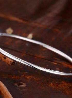 高档镯女实心手银手镯9999纯银素细简送女朋友情约人节礼物圈光面