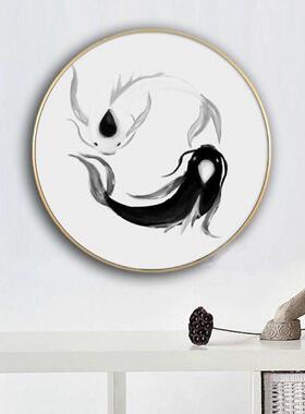 新中式圆形鱼类装饰画玄关客厅挂画金鱼戏水风水画现代简约
