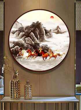 八骏图挂画圆形马装饰画八匹骏马壁画办公室字画客厅玄关马到成功