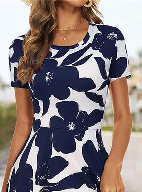 Women's printed short sleeved high waisted dress