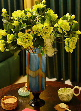 高级感中古高脚玻璃花瓶客厅水养插花艺术风灯摆件新中式装饰品