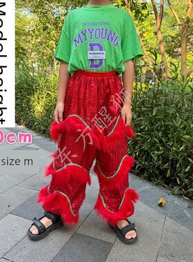 儿童舞狮裤羊毛舞狮裤演出服白色金黄色表演橙色亮片裤双人玫红色
