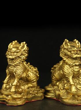 黄铜护宝麒麟摆件一对铜麒麟家居办公室饰品摆投工艺礼品摆饰桌面