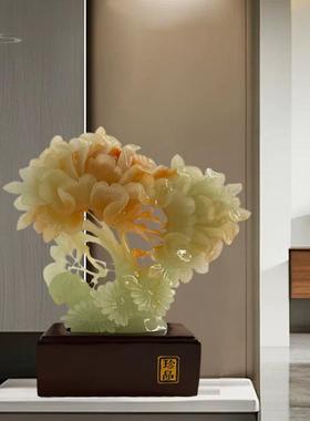 高档花开富贵玉石牡丹摆件招财客厅玄居酒关柜新中式乔装饰品迁新