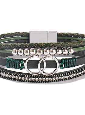 亚马逊热销手工编制皮手链手镯双环磁吸扣镶钻女士皮革手链