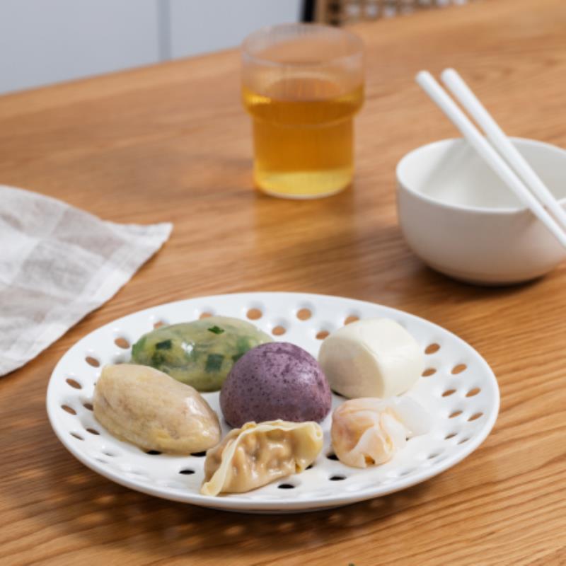 陶瓷饺子盘多孔蒸盘沥水盘隔水蒸架水果盘菜盘蒸蒸格篦子蒸片圆形