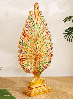 东南亚风格装饰品泰国孔雀开屏摆件客厅卧室桌面摆设实木雕软装饰