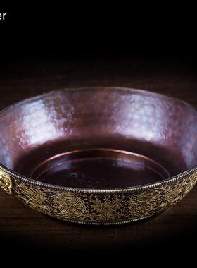 尼泊尔紫铜鎏金刻七供水碗，水神财富，修法，和雕土EQT地供盘，