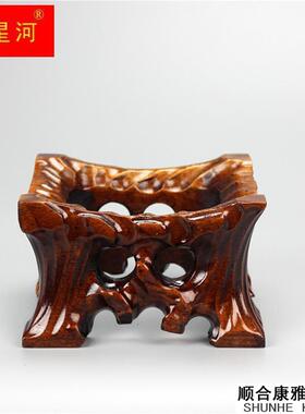 泰山石灵璧石奇石凹槽底座实木质不规则石头摆件挖槽木托架子中式