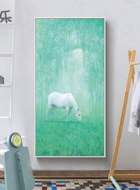 网红梦境马象高欧竖版挂画玄关饰抽油马画走廊道绿色装北画卧室端