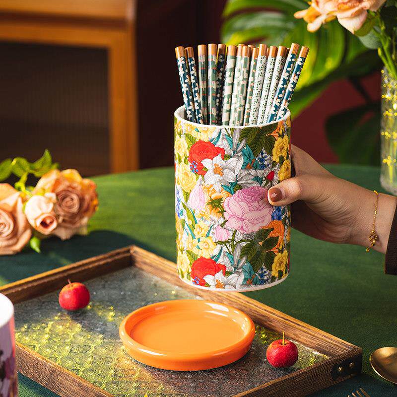 Creative high-grade flower bud ceramic chopstick barrel, light luxury household drain rack, chopstick cage, knife, fork, spoon, tableware storage box