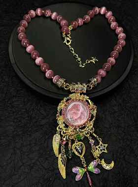 中古vintage月光睡梦天使人脸项链KF复古翅膀爱心星星月亮流苏项