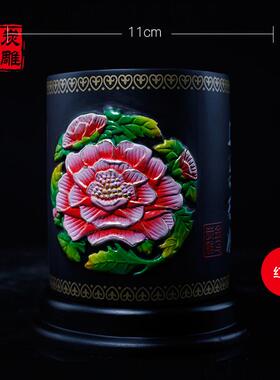 新款务品金乌炭件雕 锦绣前程办公室摆笔筒工艺商礼品创意书桌装