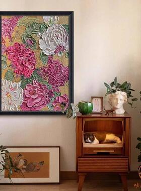 中古风花开富贵客厅装饰画新中式牡丹肌理感植物花卉玄关卧室挂画