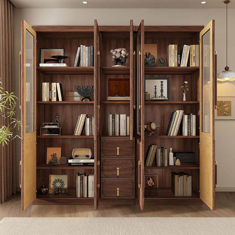 新中式实木书柜黑胡桃木办公室收纳柜家用中式书橱带玻璃门展示柜,淘宝优惠券,粉丝福利购,淘宝优惠卷