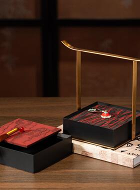 新中式样板间禅意茶室摆件高档中古布艺提花首饰收纳手提盒