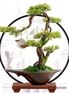 新式仿迎客崖柏摆件电视柜家居办公室桌面绿松植盆真栽18036中摆