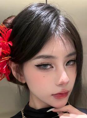 彼岸花发夹复古酒红花朵发钗古风仿真绢花气质发簪新中式汉服头饰