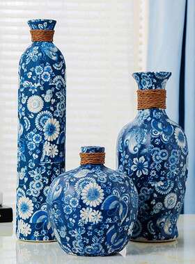 陶瓷花瓶高级青花瓷客厅摆件中式复古插花手工编麻绳抽象艺术造型