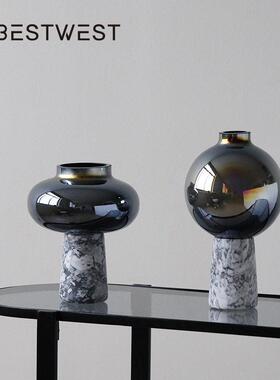 博西家居中古风大理石花器摆件轻奢家居样板间玻璃花软装饰品