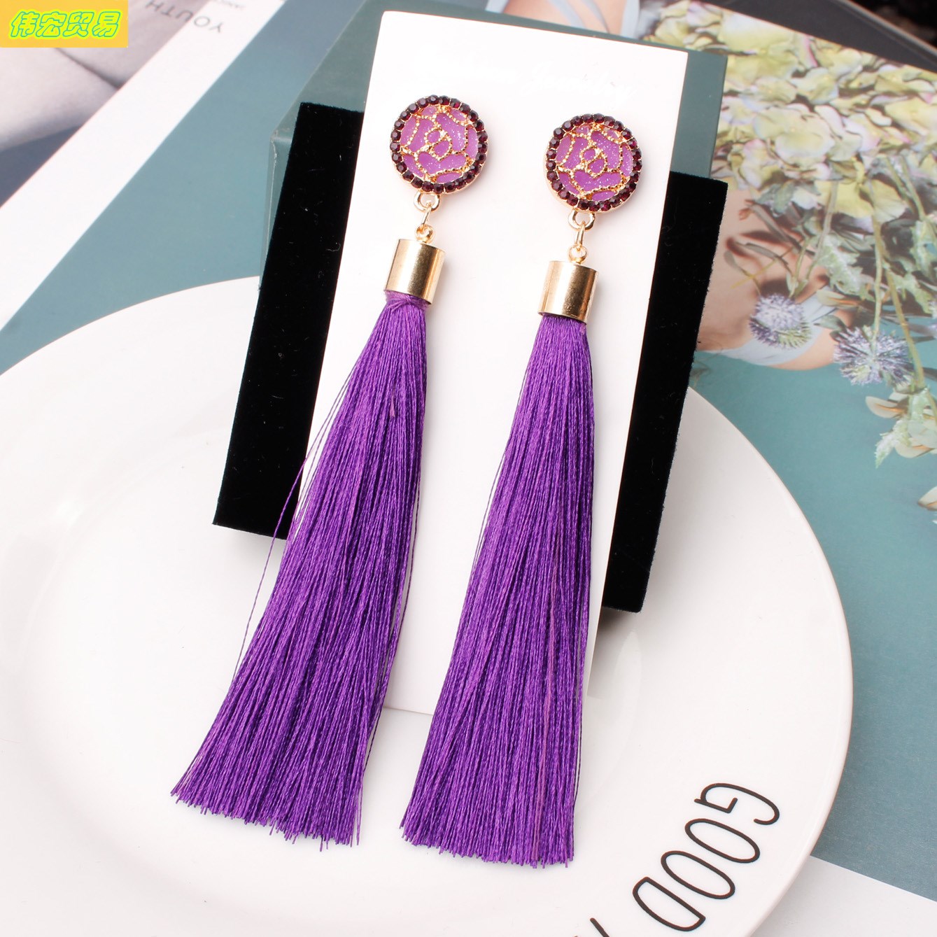 Fashion exaggerated long rose flower tassel earrings studs新 - 图2