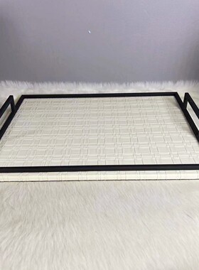 海阁欧式茶几长方形托盘橙色皮制托盘果盘客厅摆件样品房软装饰品