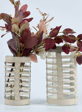 现代轻奢皮革玻璃条纹圆柱花器摆件客厅玄关餐桌样板房售楼处饰品