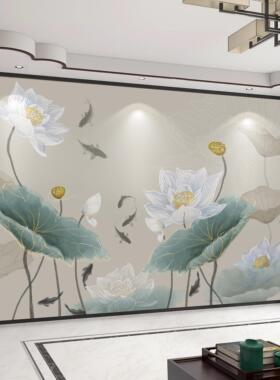 中式电视背景墙自粘墙贴沙发荷花山水壁画饭厅3d立体卧室影视墙布