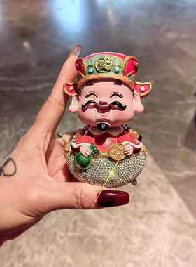 绿色奢华镶钻拜财神台摆件国潮二次元打工人工位桌面装饰品摆件新