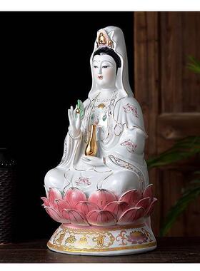 陶瓷观音菩萨家用坐莲观音佛像南海观世音菩萨莲花摆件大小的供奉