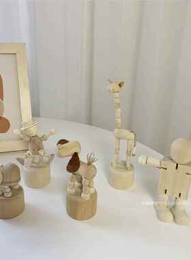 ins风桌面趣味动物小摆件木头人关节可调节桌面装饰拍照装饰背景