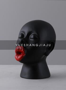 北欧现代样板房抽象烈焰红唇女人脸头像艺术摆件玄关家居软装饰品