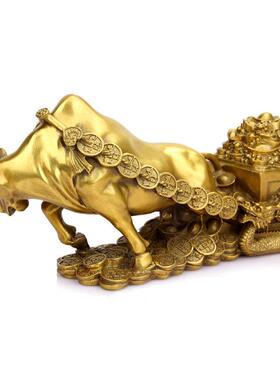 铜牛聚宝盆旺市牛牛拉金钱车满载而归家居摆件铜牛拉元宝摆件