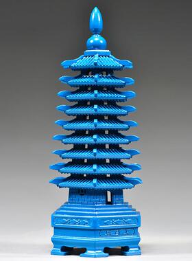 蓝色桃木雕刻九层文昌塔摆件木质十三层七层文昌塔客厅书桌工艺品