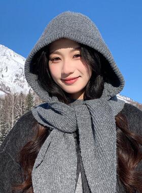 灰色巴拉克拉法连帽子围巾一体女冬季百搭保暖针织围脖护耳毛线帽