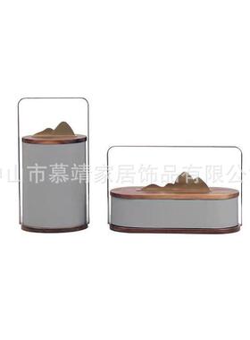 新中式金属胡桃木皮革提盒收纳盒插花花筒摆件客厅茶几国潮风