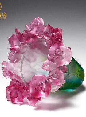 正品琉香璃玫瑰瓶小摆件炉薰香客厅书房轻工奢高档装花饰艺礼品摆