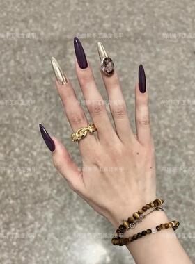 秋冬新款老钱风美甲高级紫魔镜粉爆闪鸽子蛋钻球手工御姐穿戴甲