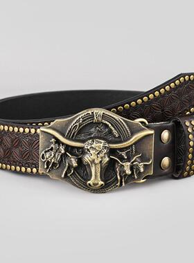 Denim belt cow head large plate buckle trendy 牛仔皮带牛头