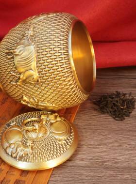 黄铜茶叶罐五牛茶叶罐福字茶叶罐铜带盖存茶罐家居办公室存储摆件